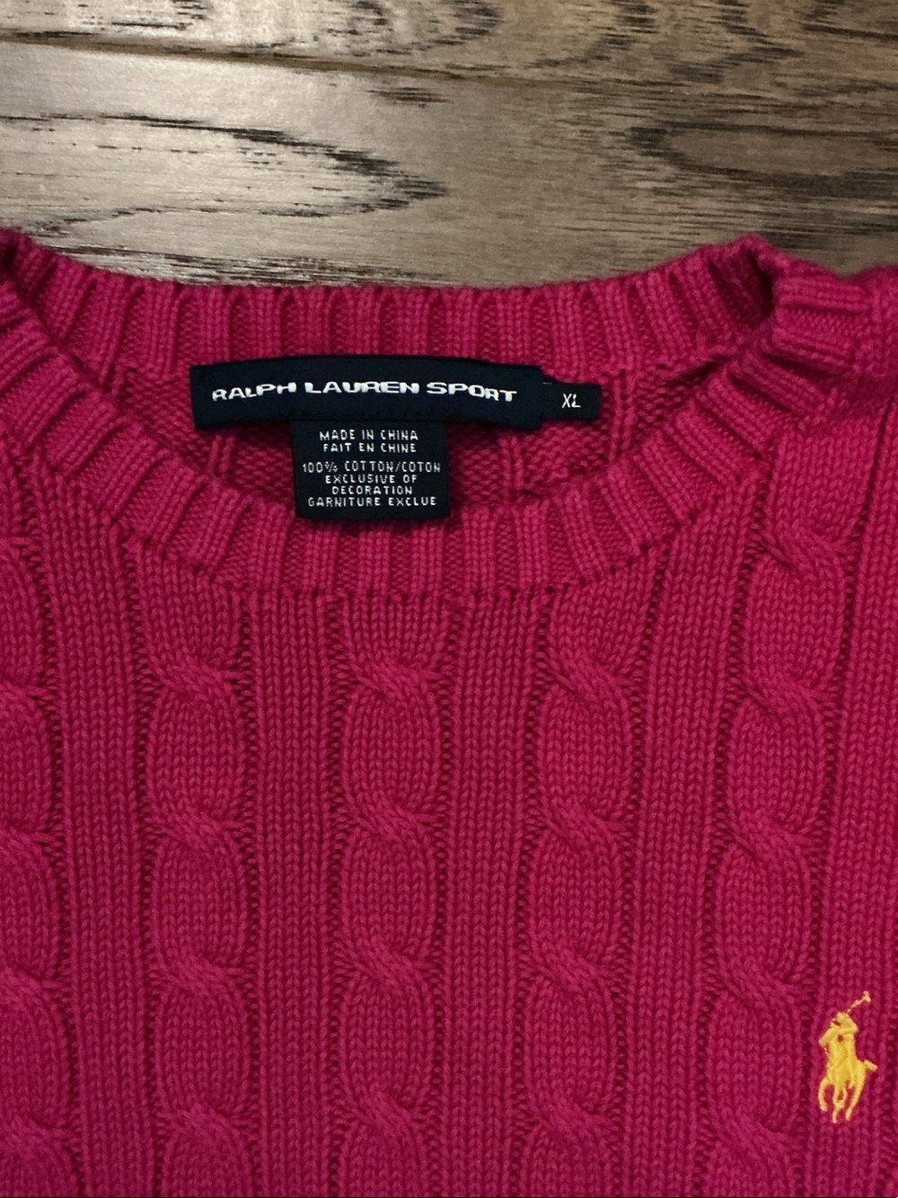 Ralph Lauren Sport Women’s XL Vintage Hot Pink Crew Neck Cable Knit Yellow pony - Picture 2 of 7